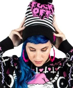 Too Fast F Off Heart Striped Pom Pom Knit Beanie 2 Too Fast F Off Heart Striped Pom Pom Knit Beanie -vampirefreaks shop Emo Beanie Hat 1000x