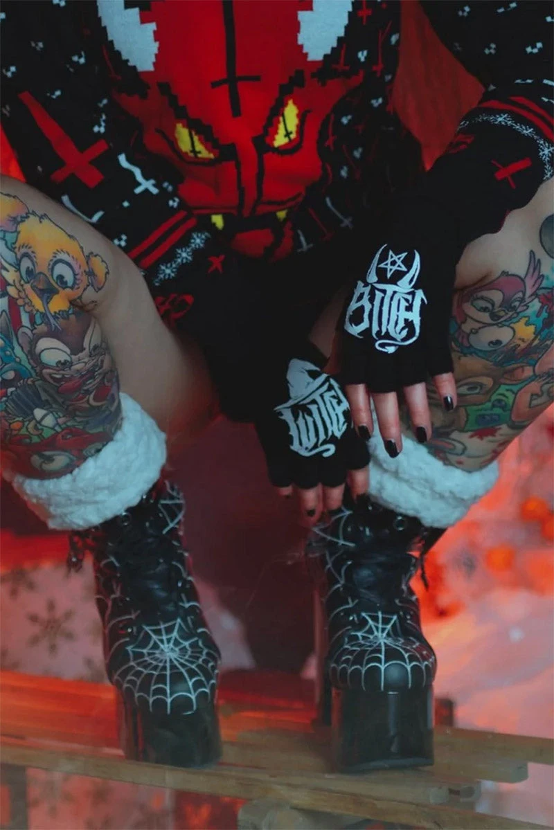 Too Fast Witch Bitch Fingerless Knit Gloves - Image 2