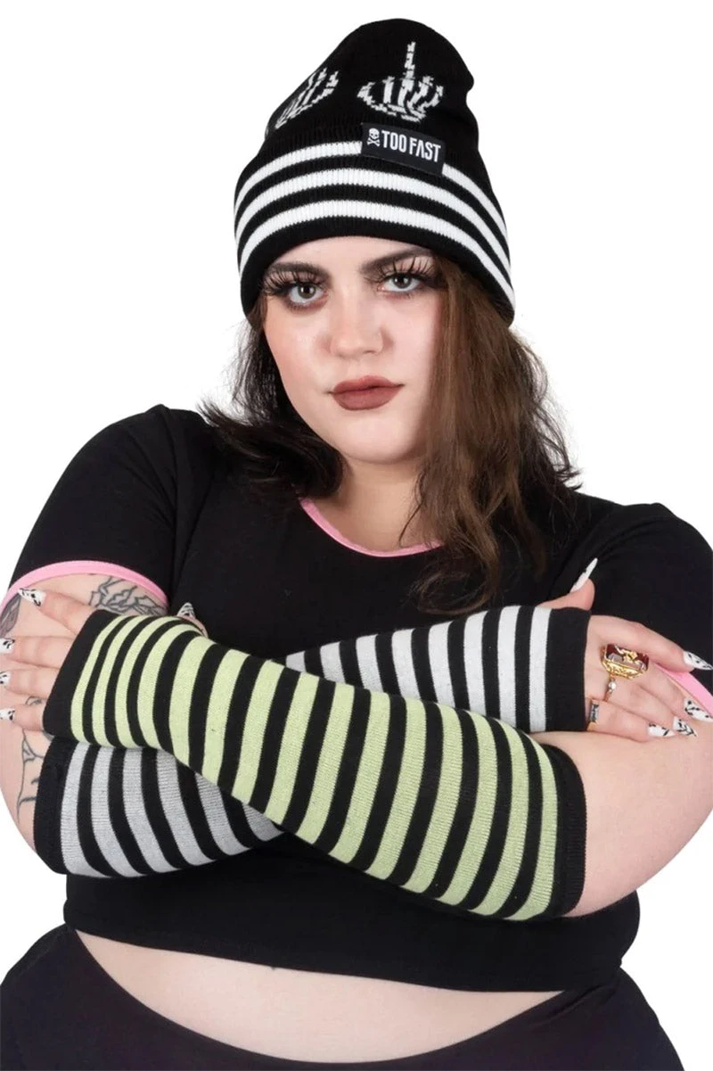 Green & White Striped Knit Arm Warmers Too Fast Green & White Striped Knit Arm Warmers -vampirefreaks shop arm warmers knit green and white stripes